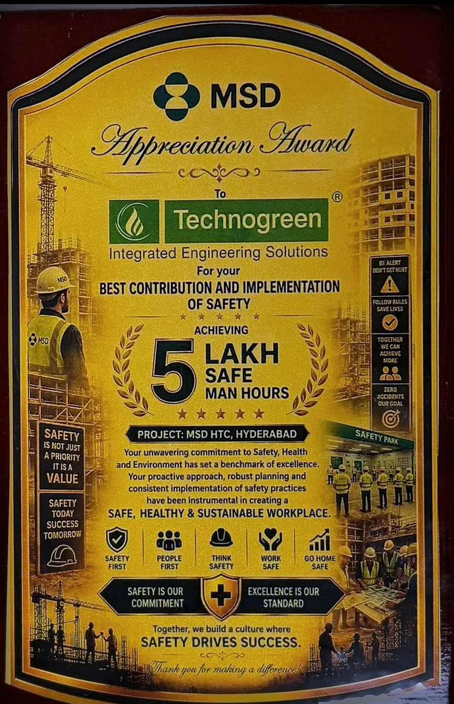 A mounted award plaque: a gold panel headed MSD Appreciation Award, made out to Technogreen Integrated Engineering Solutions for best contribution and implementation of safety, with the words 5 lakh safe man hours set large at its centre.