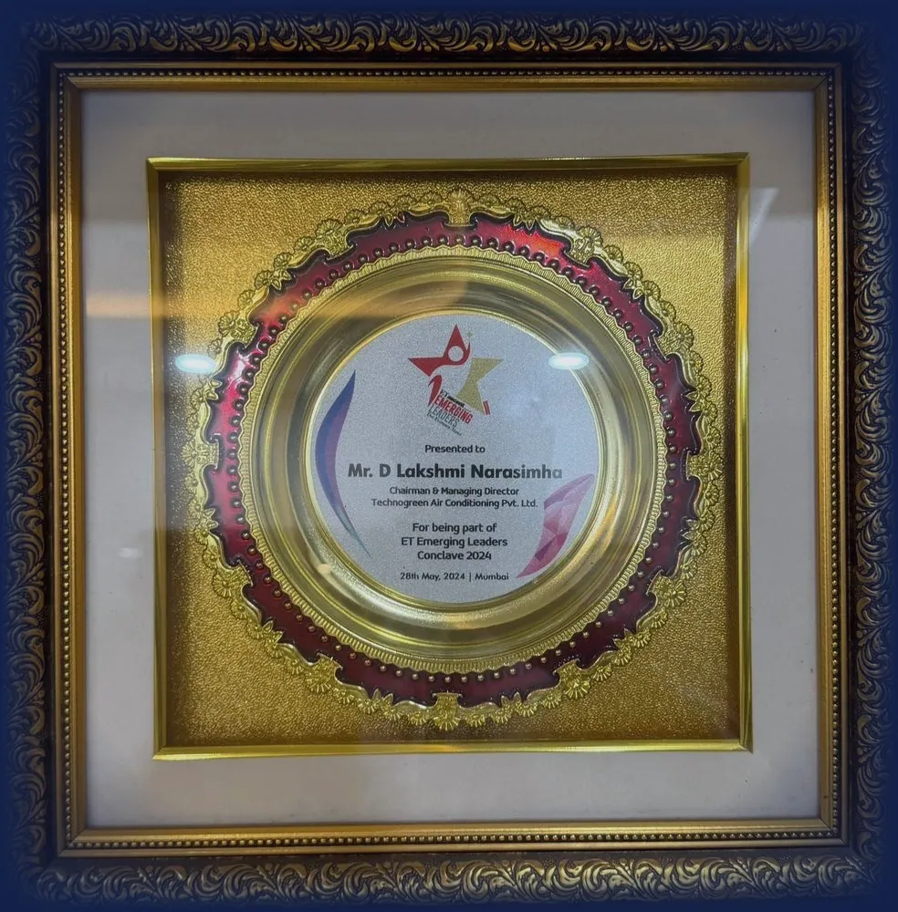 Framed gold plate presented to Mr D Lakshmi Narasimha, Chairman and Managing Director, Technogreen Air Conditioning Pvt. Ltd., for being part of the ET Emerging Leaders Conclave 2024, 28th May 2024, Mumbai.