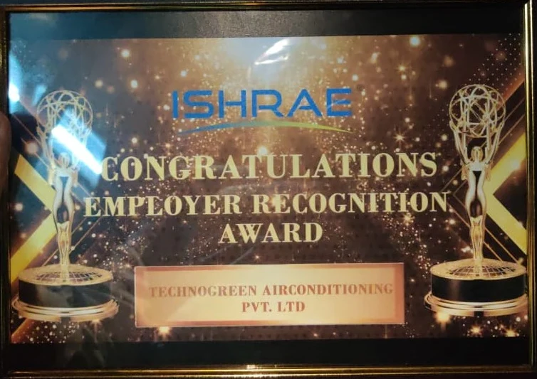 Framed certificate headed ISHRAE, reading Congratulations, Employer Recognition Award, with a plate naming Technogreen Airconditioning Pvt. Ltd. between two gold statuettes.