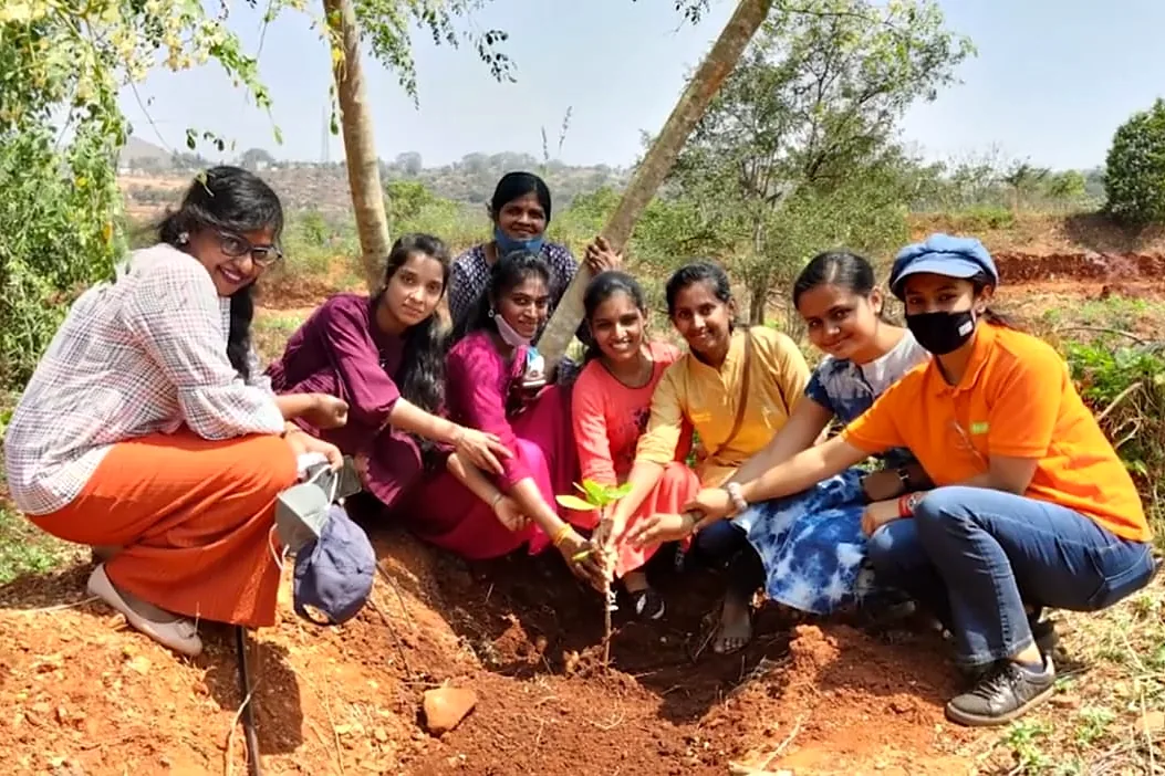 A group crouched around a newly planted sapling, firming the soil by hand.