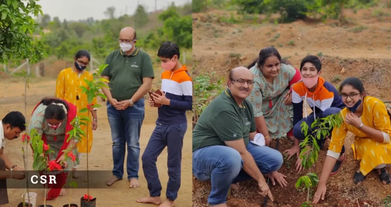Two frames side by side: volunteers planting saplings, and a family settling a young tree into the soil.