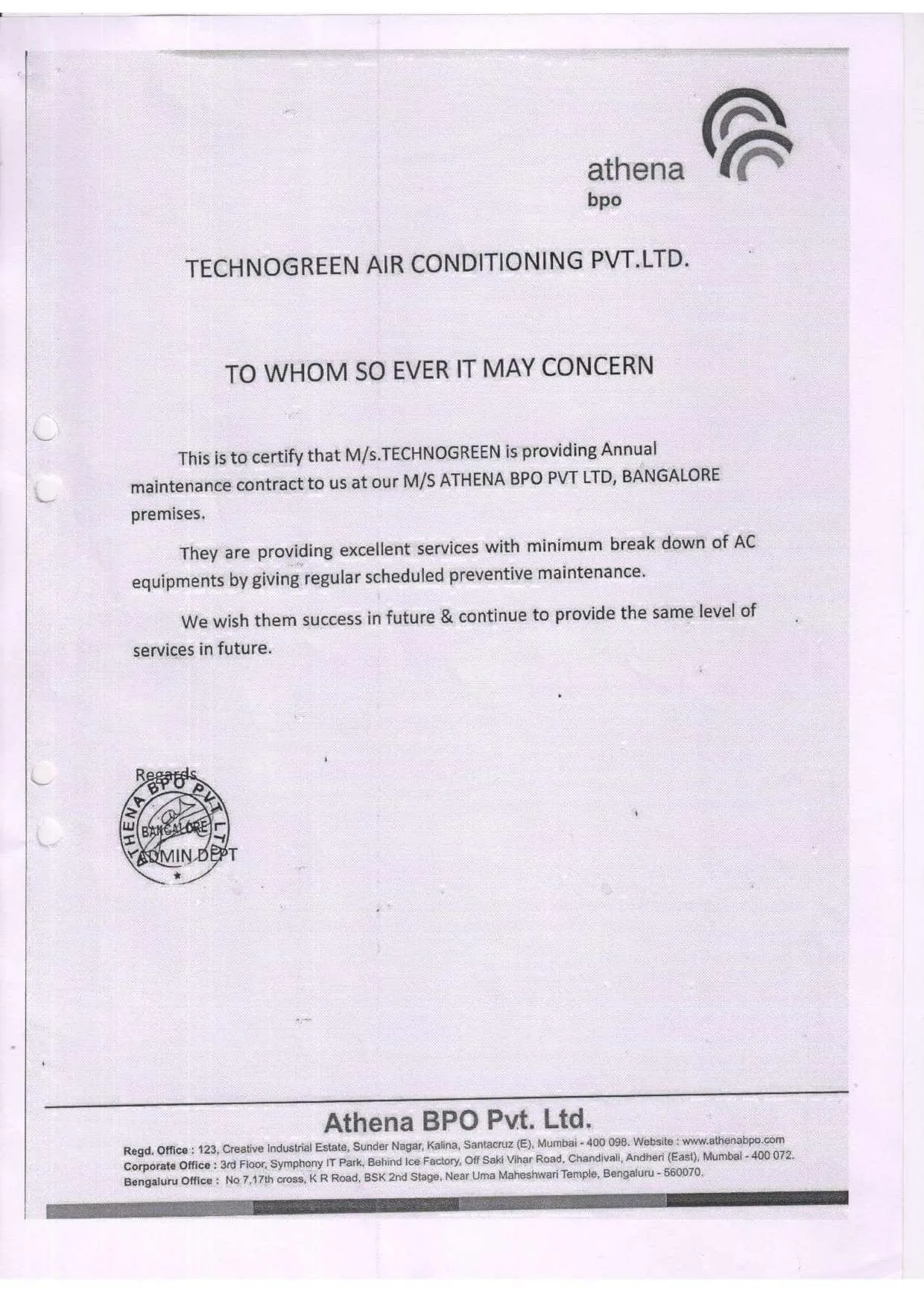 Client satisfaction letter — Athena BPO