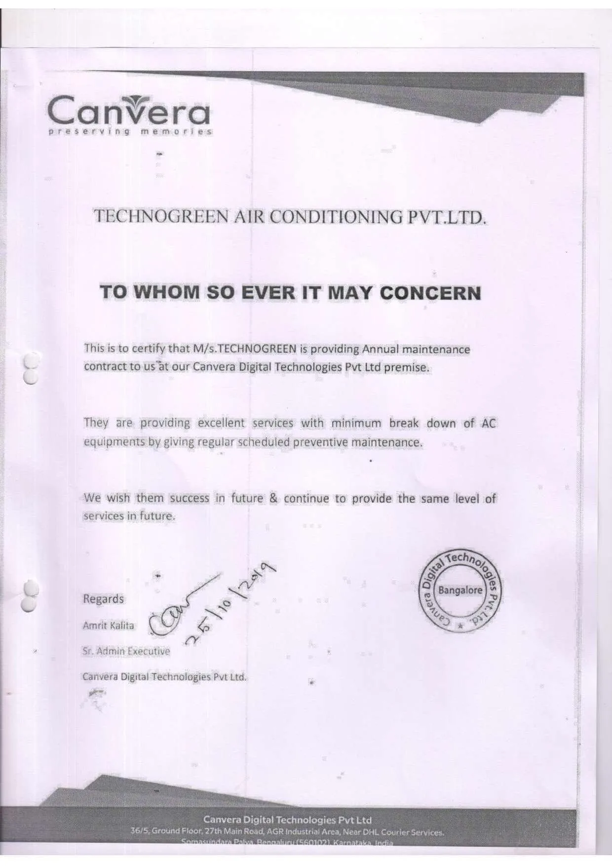 Client satisfaction letter — Canvera