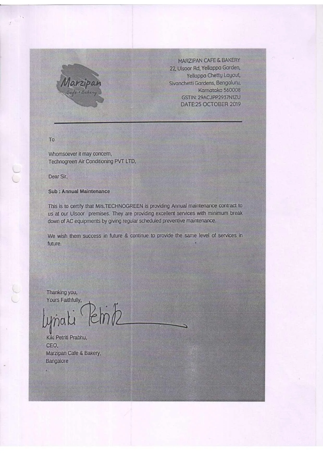 Client satisfaction letter — Marzipan