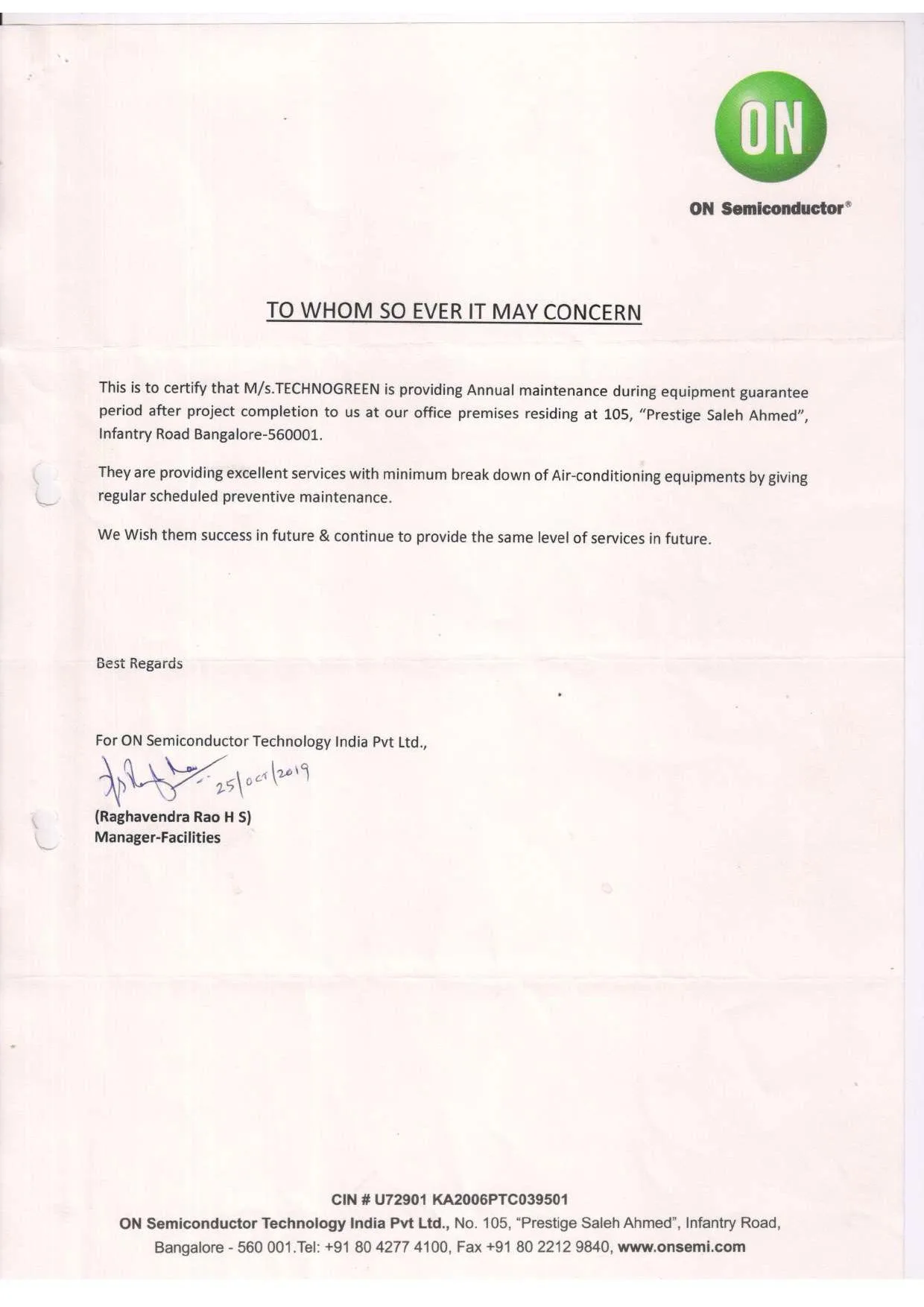 Client satisfaction letter — ON Semiconductor