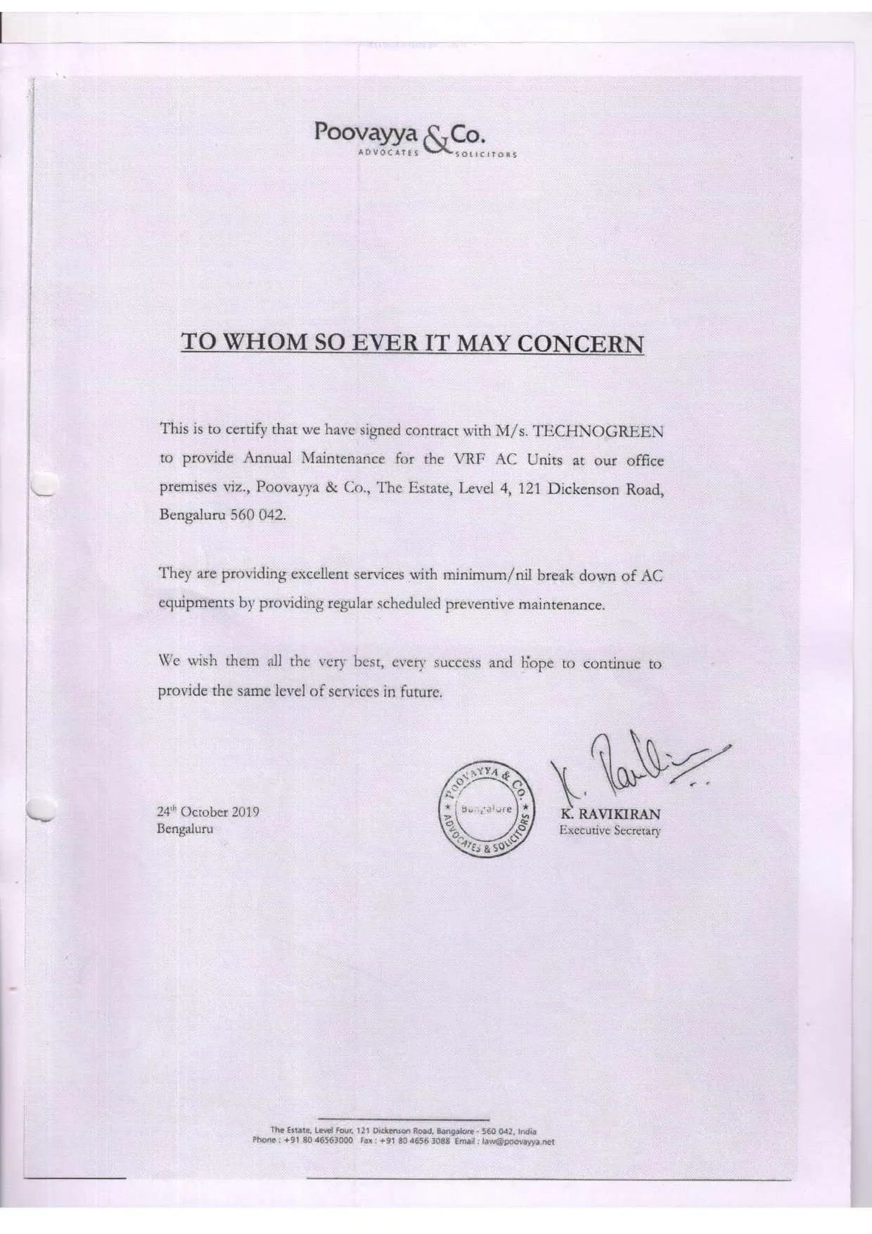 Client satisfaction letter — Poovayya & Co.