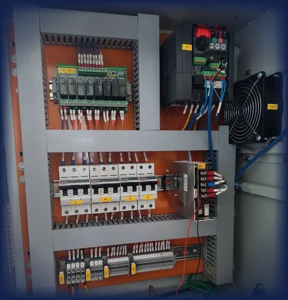 Inside a Technogreen control panel: a programmable logic controller and a variable frequency drive with its display lit at the top, a cooling fan beside them, a rail of four labelled miniature circuit breakers across the middle, and numbered terminal blocks along the bottom, all wired in tagged cores against an orange back-plate.